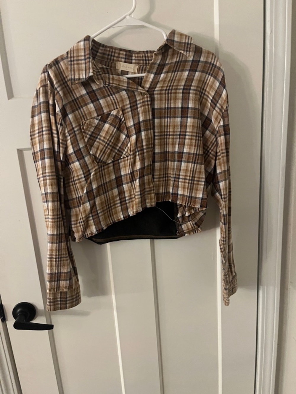 Altar'd State Cropped Plaid Button-Down Shirt in Brown and Cream
